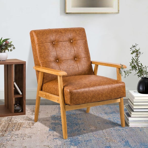 Brown Leather Accent Chair with Solid Wood Legs - Upholstered Lounge Arm Chairs