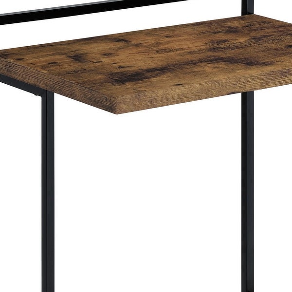 Dey 27 Inch C Shape Side End Table， Nutmeg Brown Top， Matte Black Base