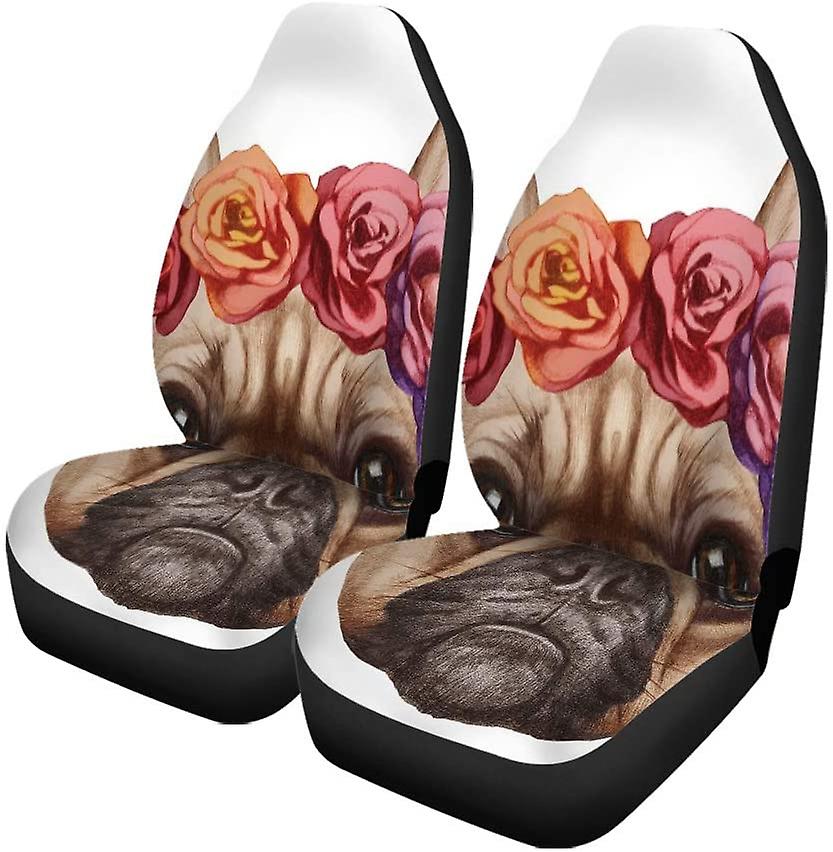 Set Of 2 Car Seat Covers Rose Portrait Of French Bulldog Floral Wreath Digitally Universal Auto Front Seats Protector Fits