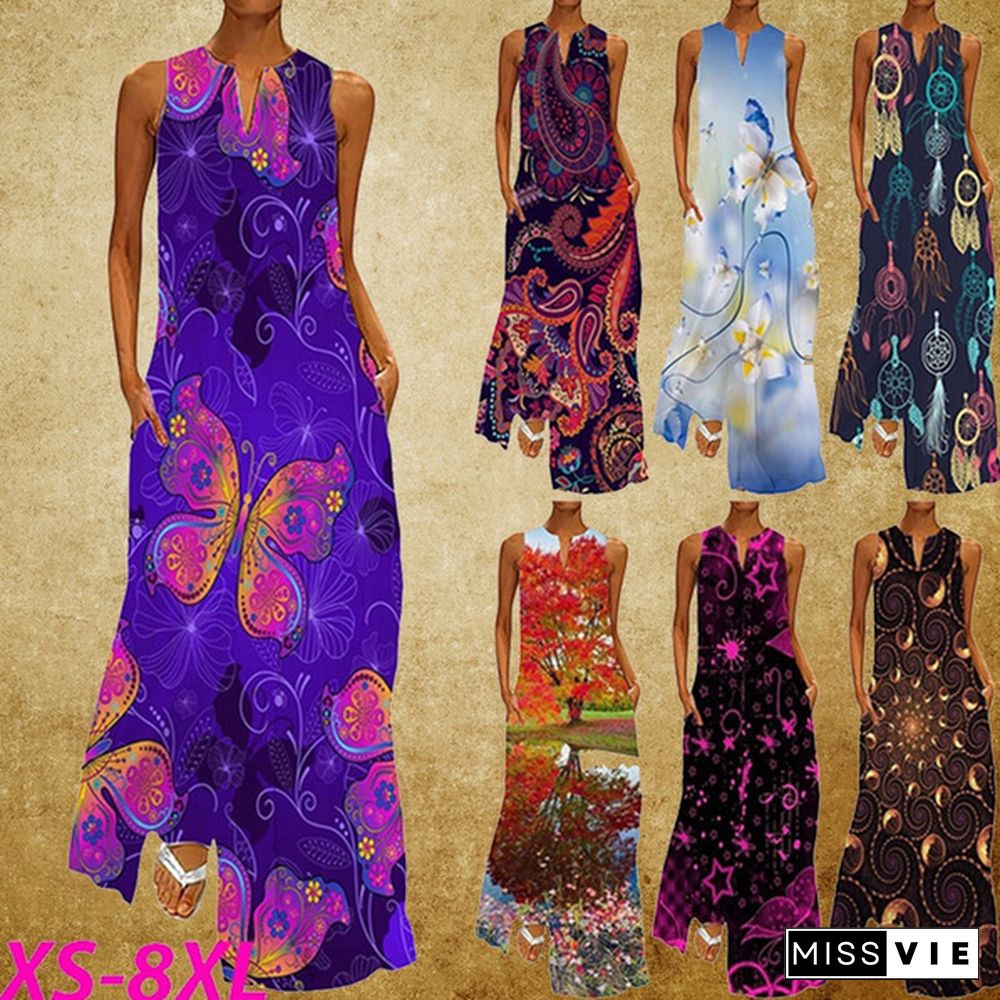 Women's Shift Dress Maxi Long Dress Sleeveless Butterfly Flower Pocket Print Spring Summer V Neck Party Casual Party Holiday Dress Plus Size XS-8XL Maxi Dress