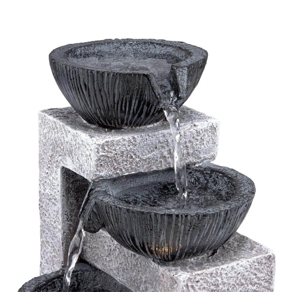 Alpine Corporation 14 in. Tall Cascading Tabletop Bowl Fountain Decoration with LED Lights, Gray WIN1578