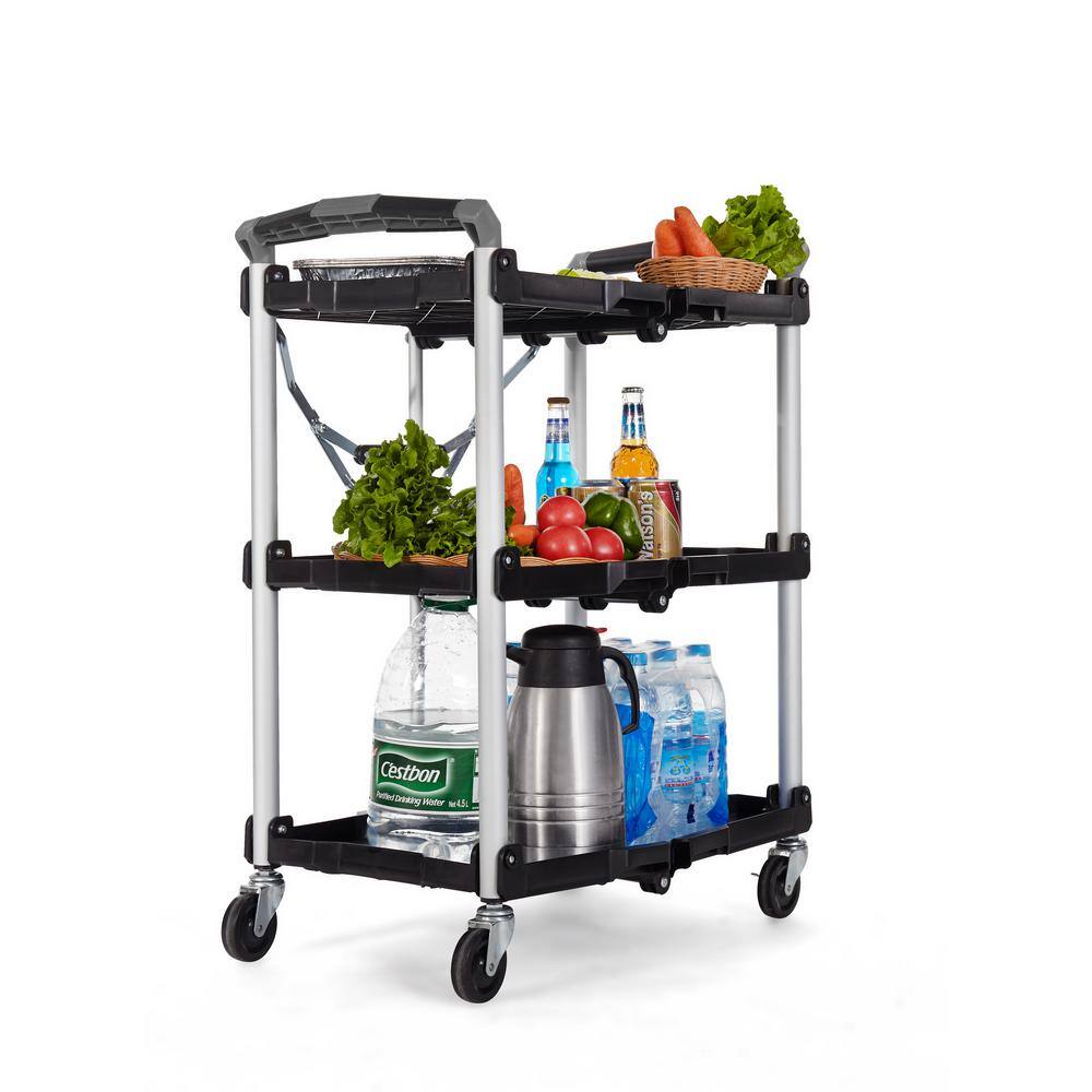 PACK-N-ROLL 3-Shelf Collapsible 4-Wheeled Resin Multi-Purpose Utility Cart in BlackGray 410-007