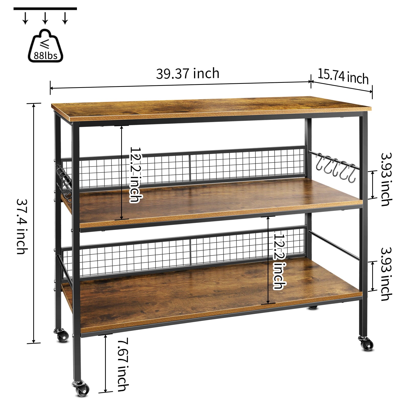 Cheflaud Rolling Kitchen Storage Cart Island with large open shelves and Large Worktop, 3-Tier Kitchen Baker’s Rack with 10 Hooks, Stable Steel