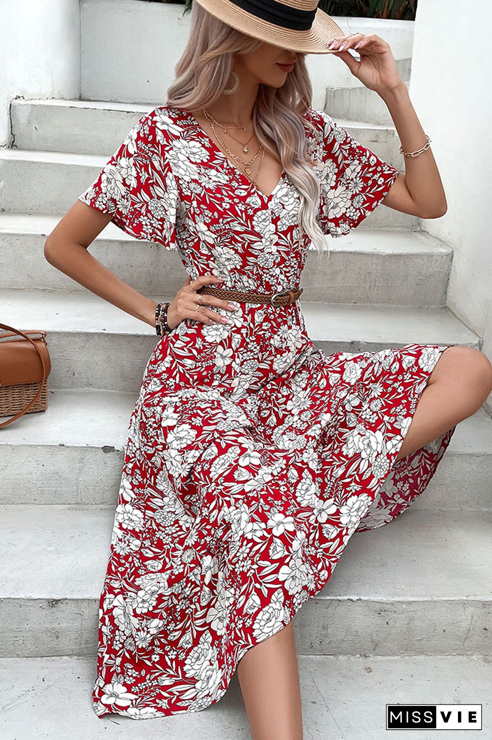 Burgundy Floral V Neck Maxi Dress