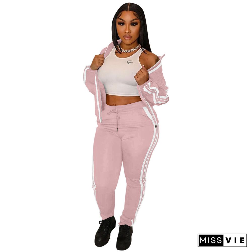 Side Striped Zip Sporty Jacket Two Piece Pants Set