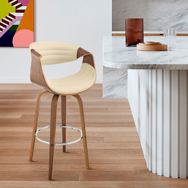 Arya Mid-Century Modern Faux Leather and Wood Swivel Bar Stool