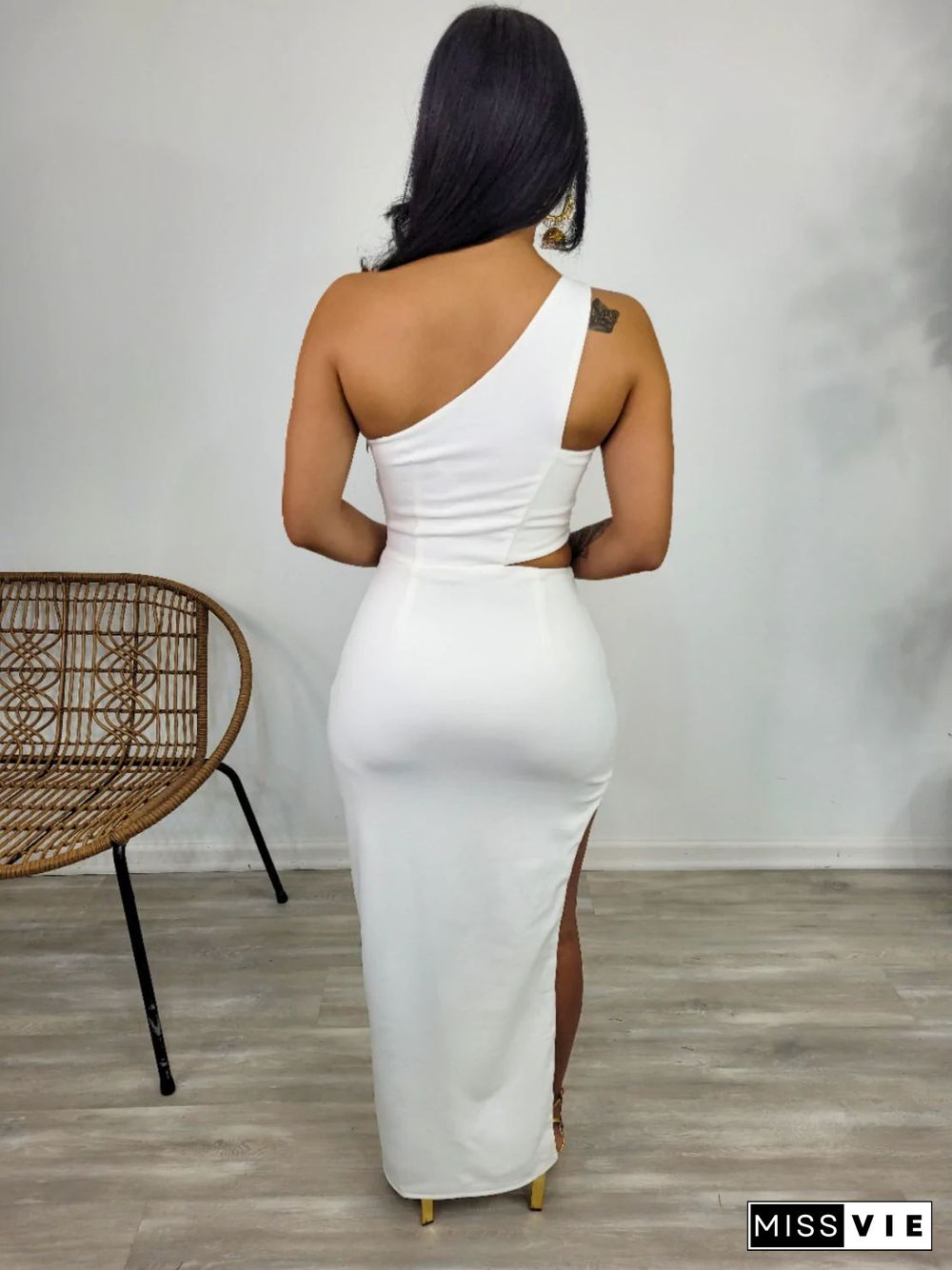 Sexy One Shoulder Sleeveless Cut Out High Slit Dresses