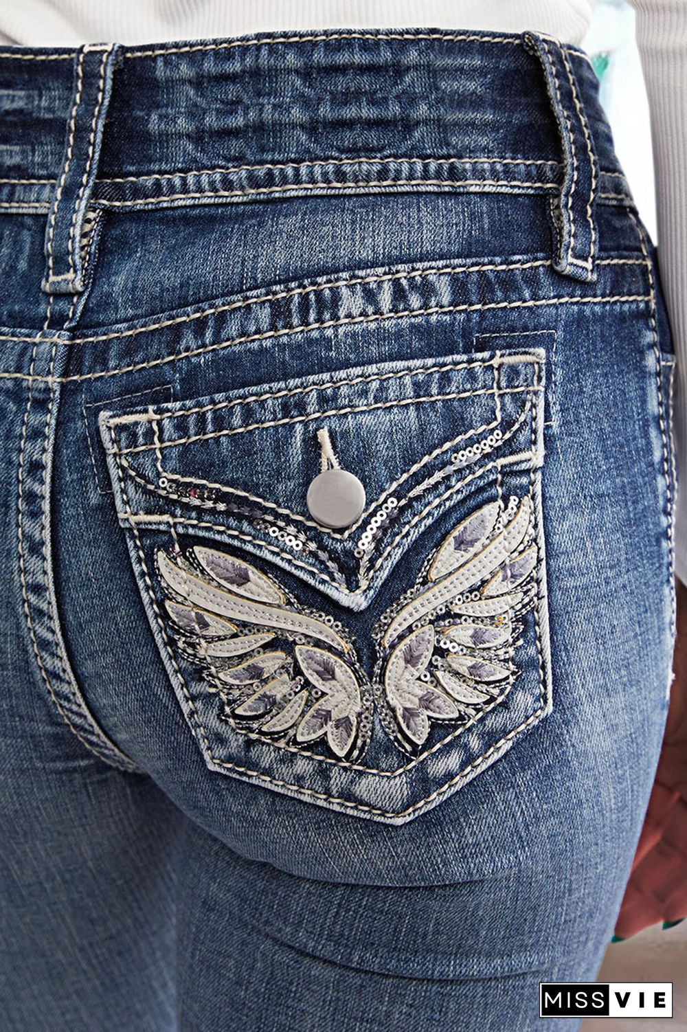 Embroidered Sequin Decor Pocket Mid Waist Skinny Jeans