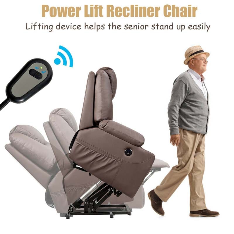 Electric Power Lift Recliner, Leather Massage Reclining Sofa, Elderly Lift Chair with Lumbar Heating & 8 Vibrating Nodes, Cup Holder, USB Port