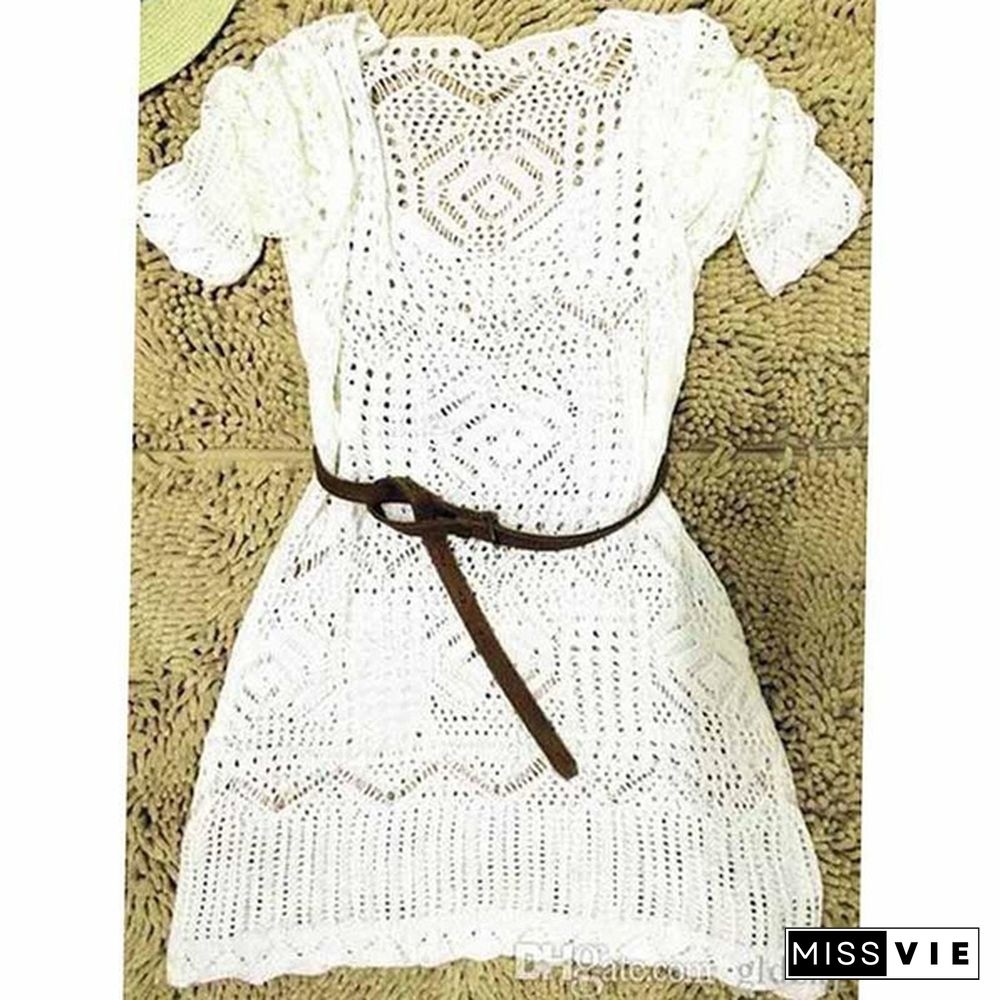 Fashion Womens White Summer Boho Lace Hollow Knit Bikini Swimwear Cover Up Crochet Beach Mini Dress Tops Blouse