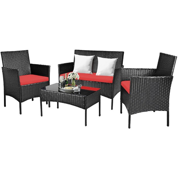 Costway 4pcs Rattan Patio Furniture Set Cushioned Sofa Chair Coffee Table Red