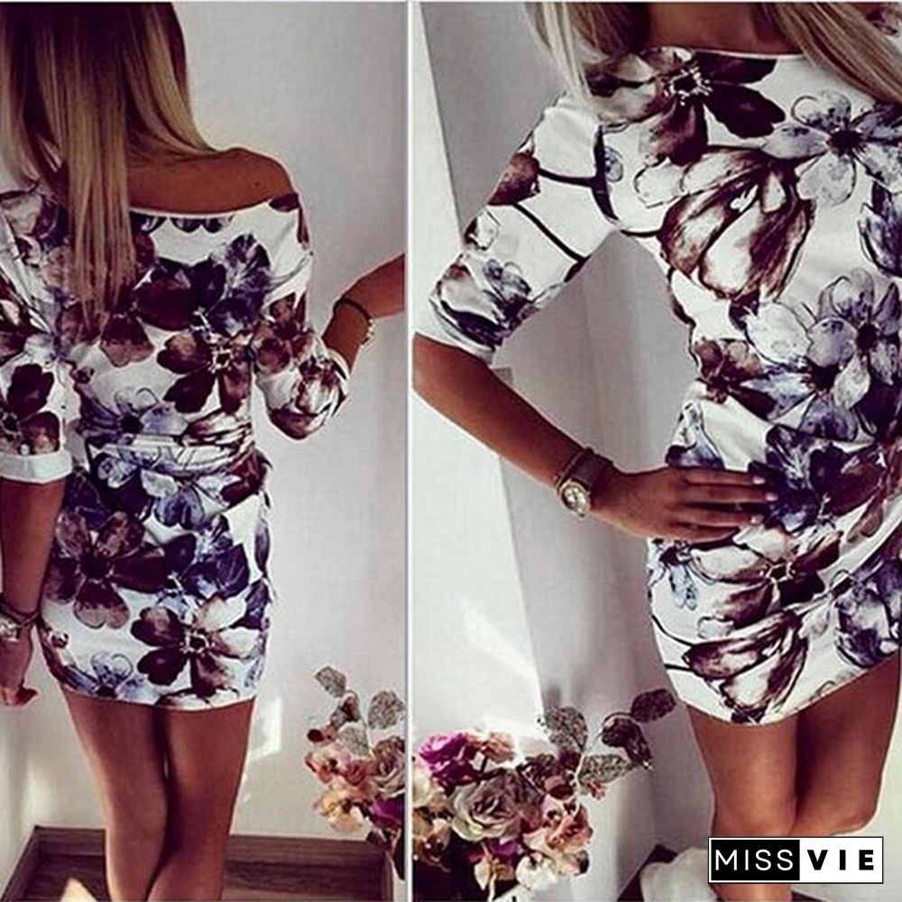 Women Long Sleeve Floral Print Mini Bodycon Dress Vestidos Summer Style Women Party Night Club Dress