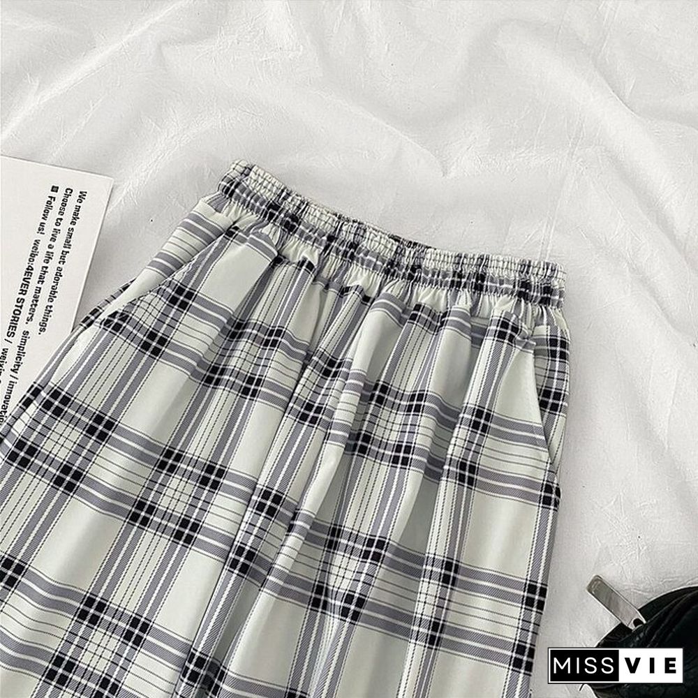 Vintage Harajuku Plaid Wide Leg Pants Summer Women High Waist Elastic Streetwear Pants Korean Loose Lady Straight Trousers