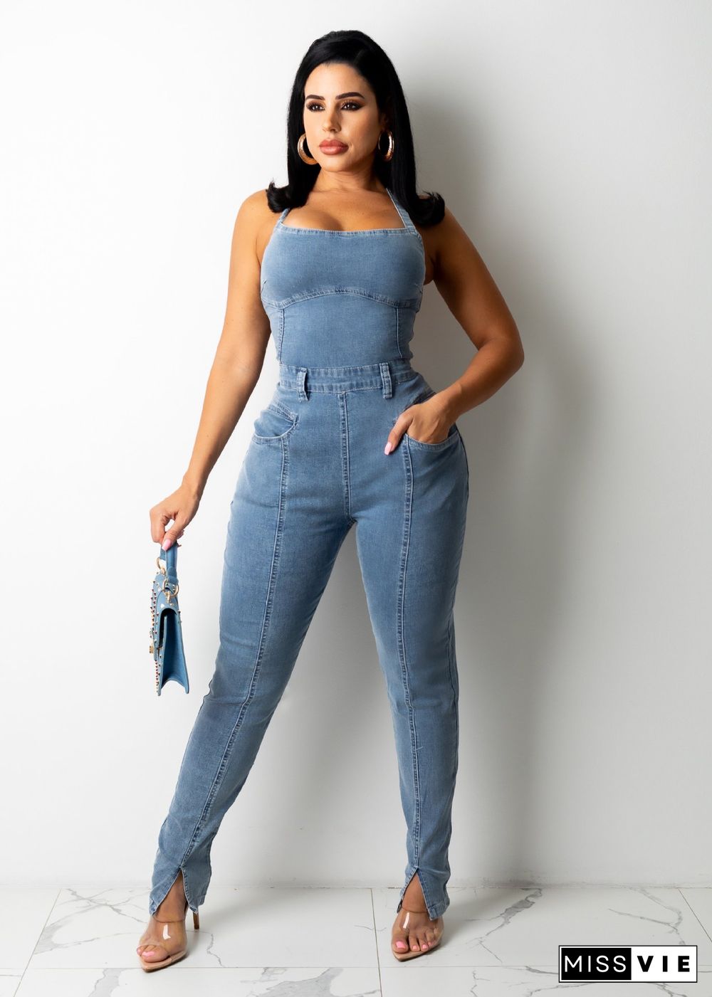 New Casual Fashion Slim Backless Bandage Denim Jumpsuit