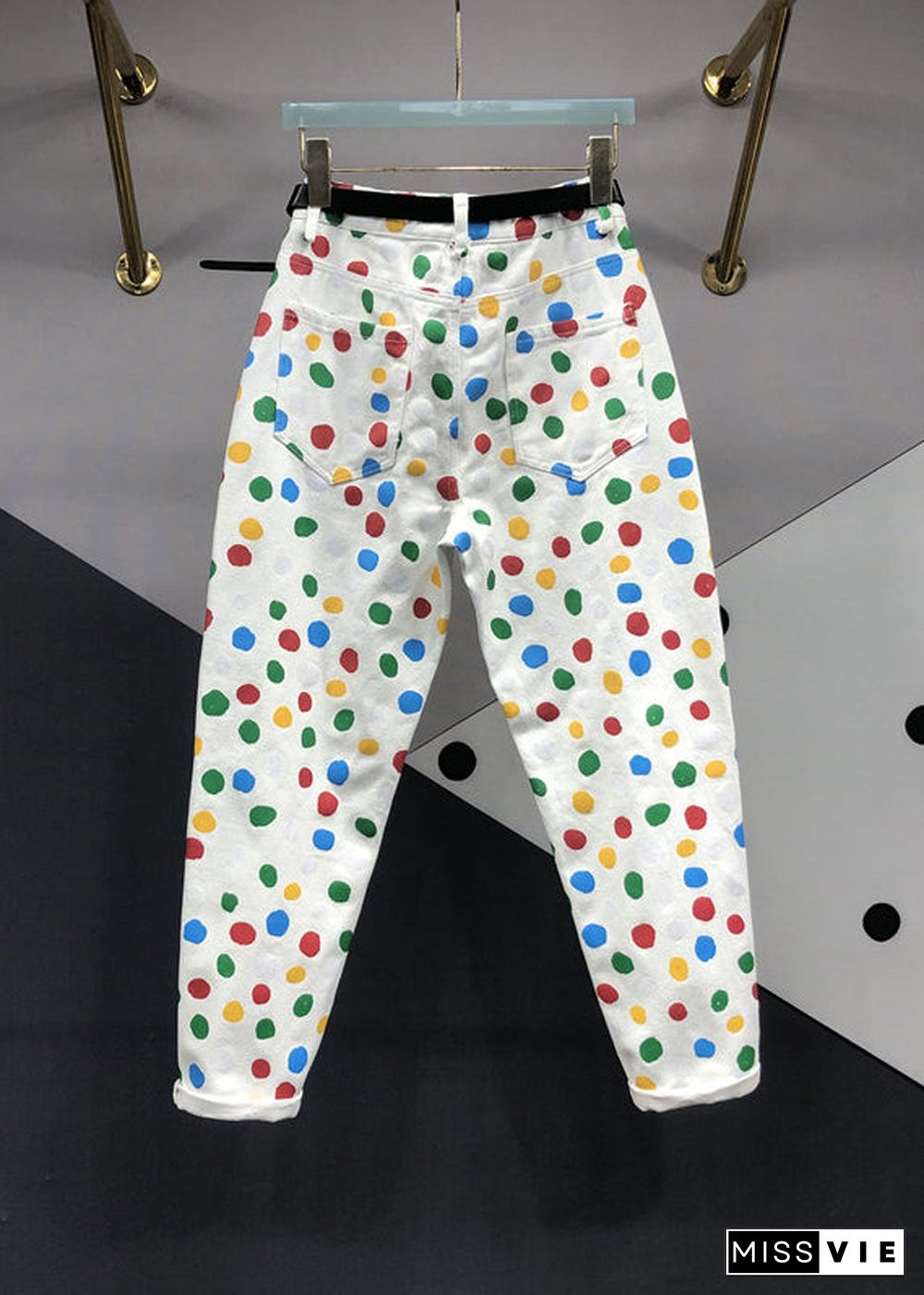 Fitted White Print Pockets Patchwork Denim Pants Fall