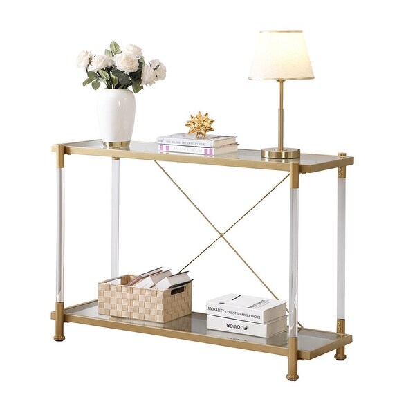 Grondin Modern Contemporary 2-Tier Console Table with Tempered Glass Top， Bottom Shelf， Steel and Acrylic Frame