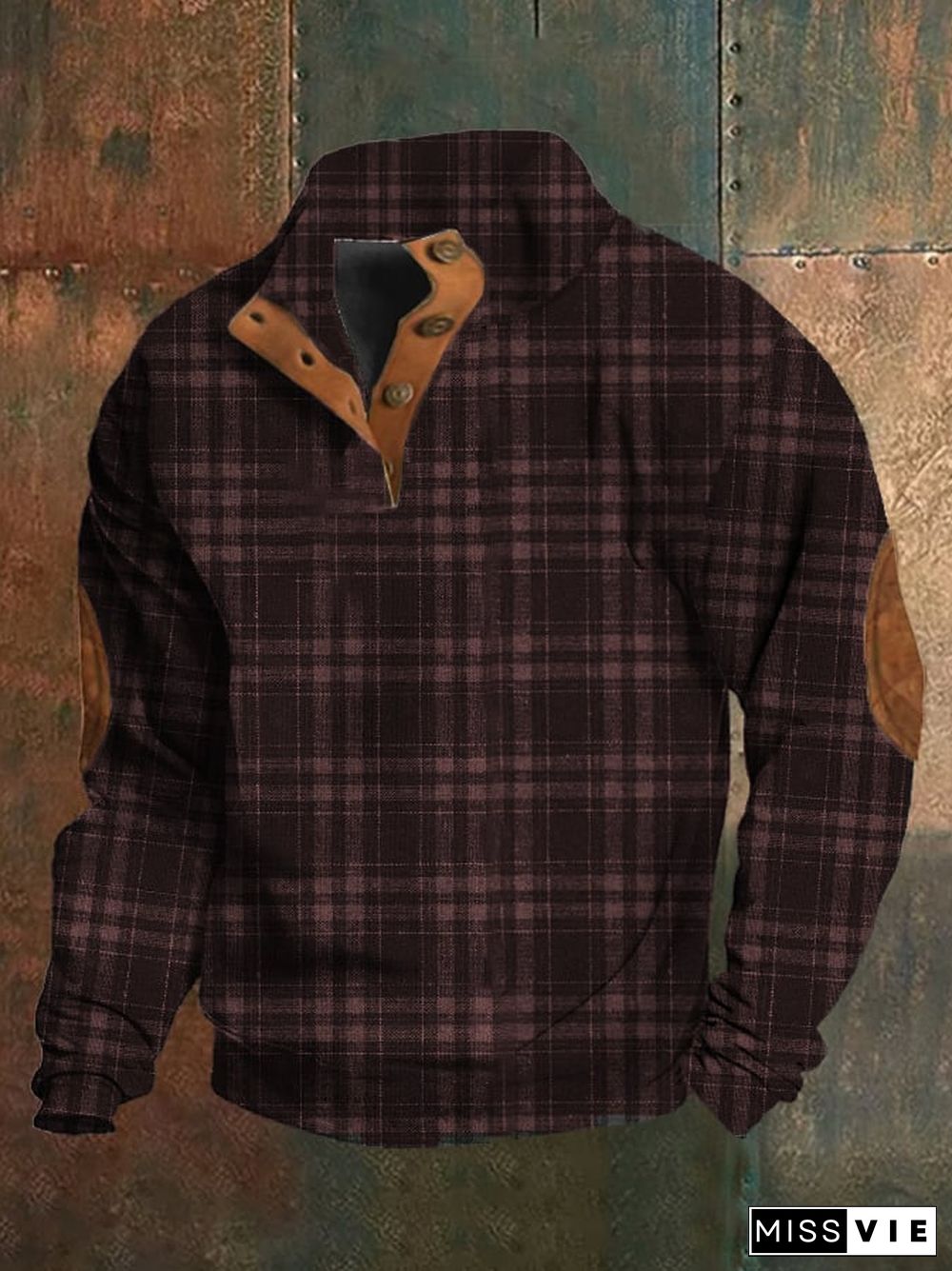 Men's Western Vintage Plaid Print Stand Collar Button-Down Sweatshirt