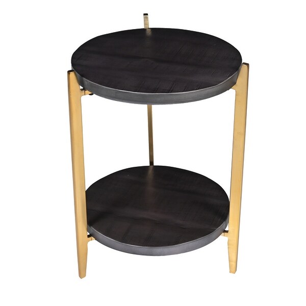 Tali 16 Inch Handcrafted Round Side End Table， 2 Tier， Charcoal Gray Acacia Wood， Sleek Gold Metal Legs