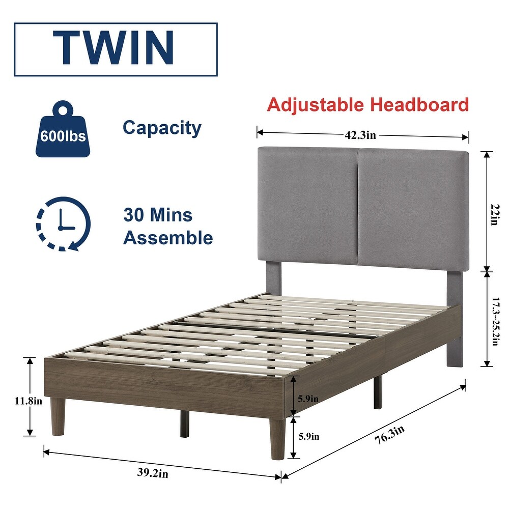 Javlergo Upholstered Bed Frame with Linen Fabric Adjustable Headboard  Strong Wood Slats Supports  No Box Spring Needed