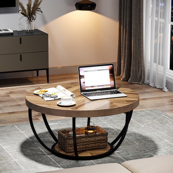 Round Coffee Table， Modern 2-Tier Center Table - Wood