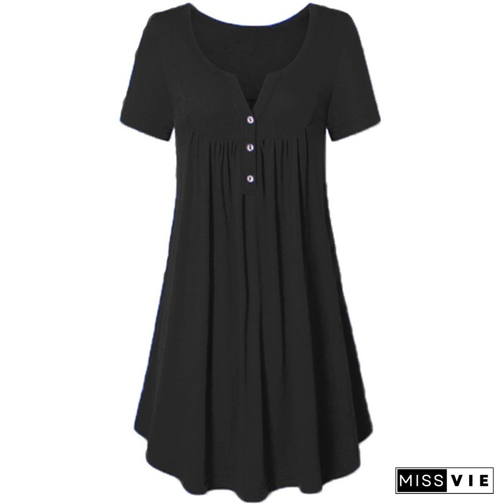 Women's Fashion Pockets Dresses Solid Color Casual V-neck Dress Pleated Party Dress Elegant Ladies Loose Cotton Dresses Summer Short Sleeve Plus Size Dresses XS-8XL