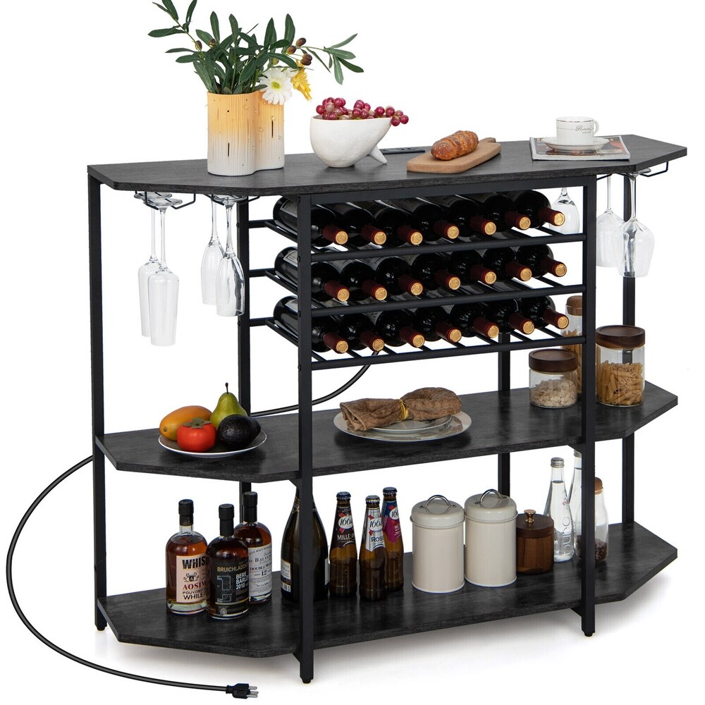 Gymax 3 Tier Wine Bar Cabinet with Storage Shelves Glass Holders