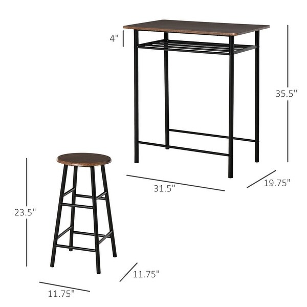 HOMCOM 3 Piece Bar Height Dining Furniture Set with 1 Table， 2 Matching Stools and Metal Frame Footrest