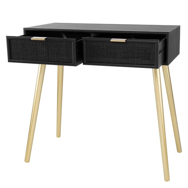 Pia 32 Inch Wood Console Table， 2 Drawers， Woven Rattan Design， Black， Gold