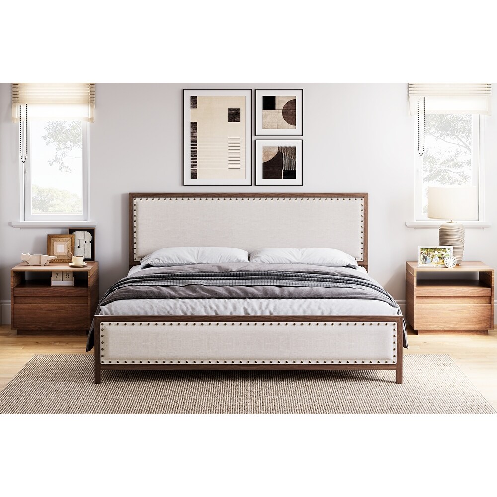 Upholstered Platform Bed with Linen Headboard and Footboard