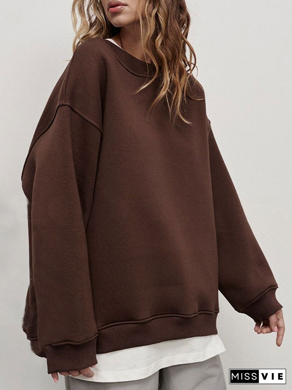 Long Sleeves Loose Solid Color Round-Neck Sweatshirt Tops