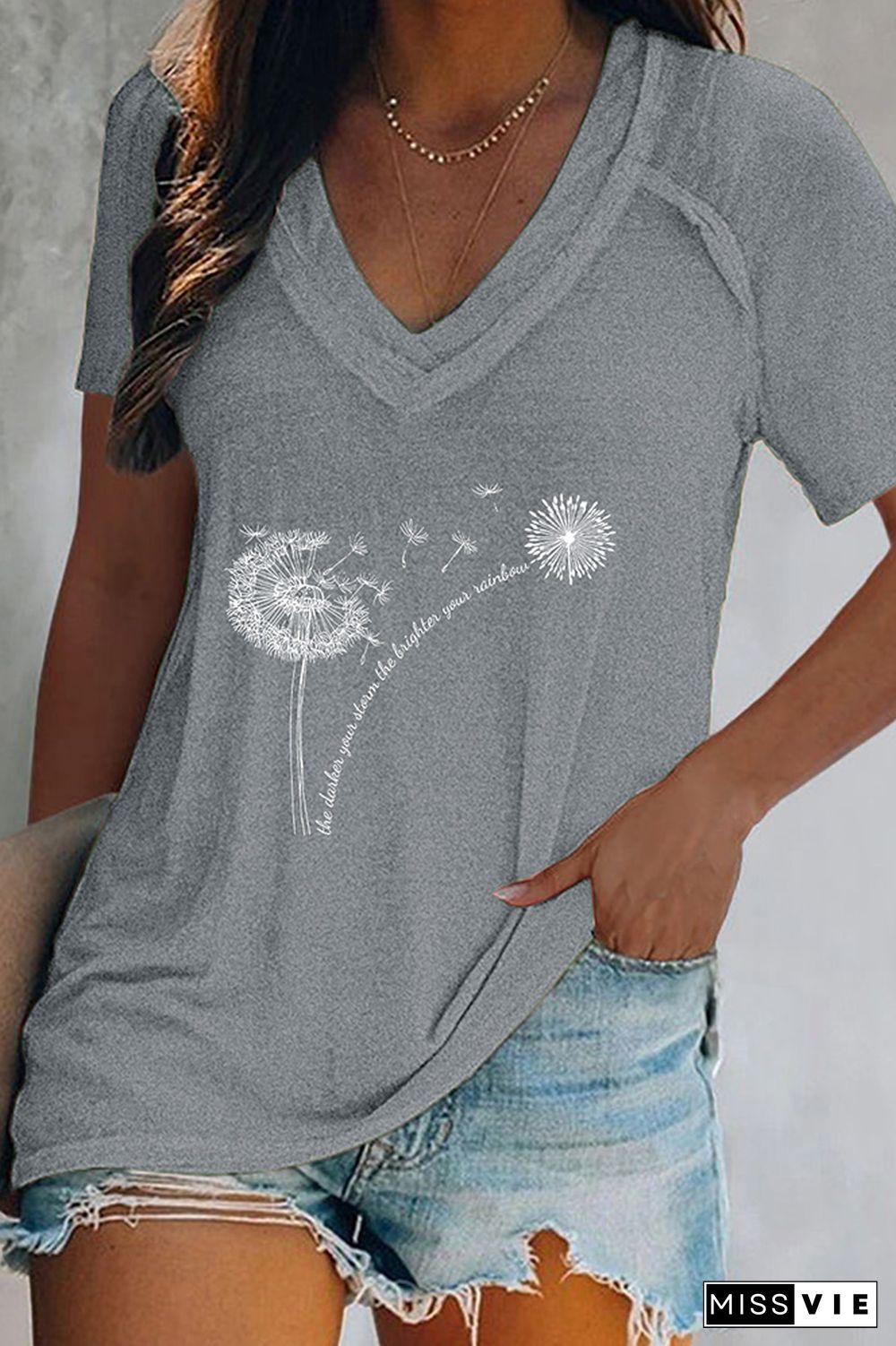 Dandelion Print V Neck Graphic Tee