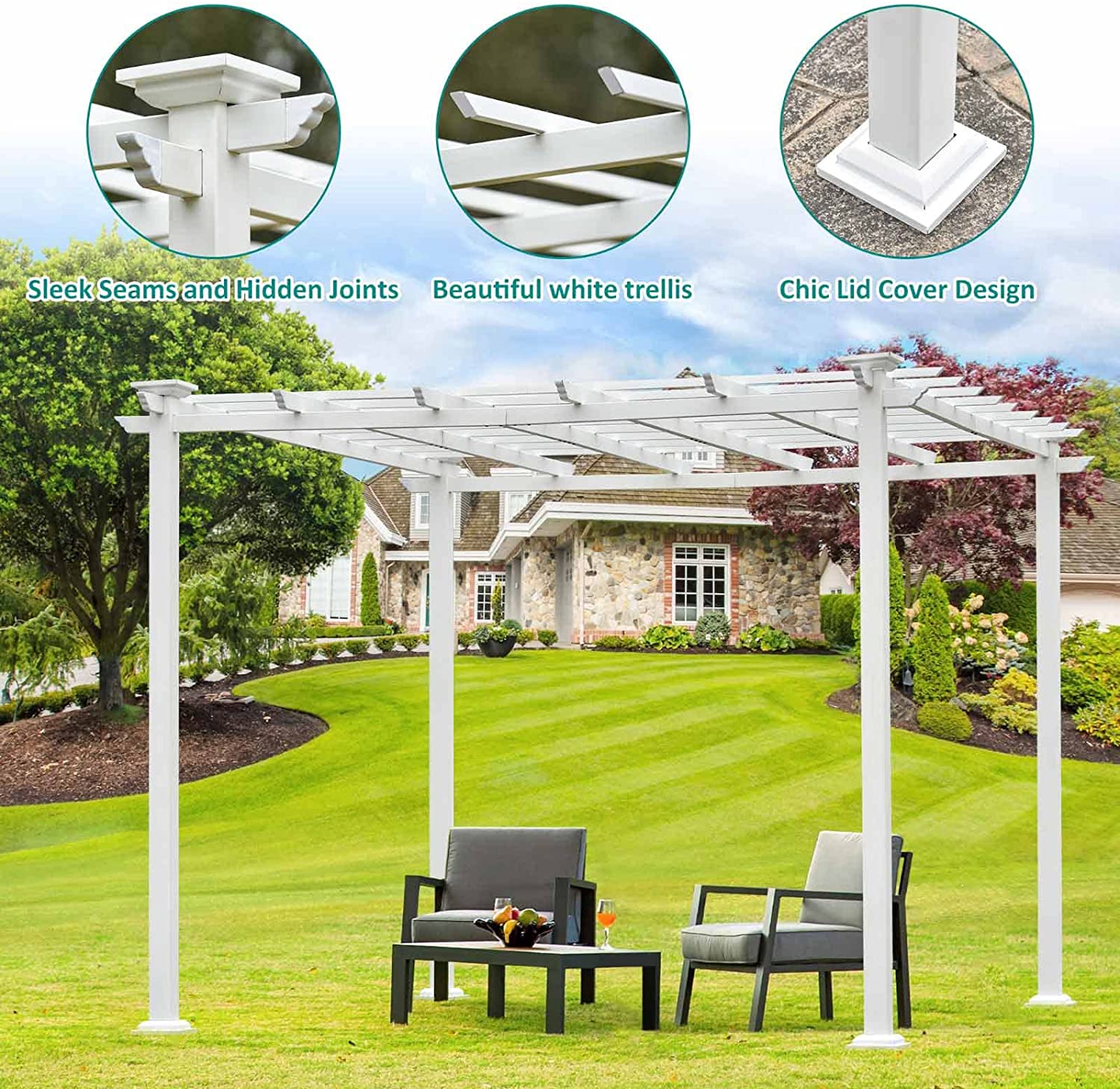 VIRUBI 10'x10' White Iron Square Patio Gazebo Garden Pergola