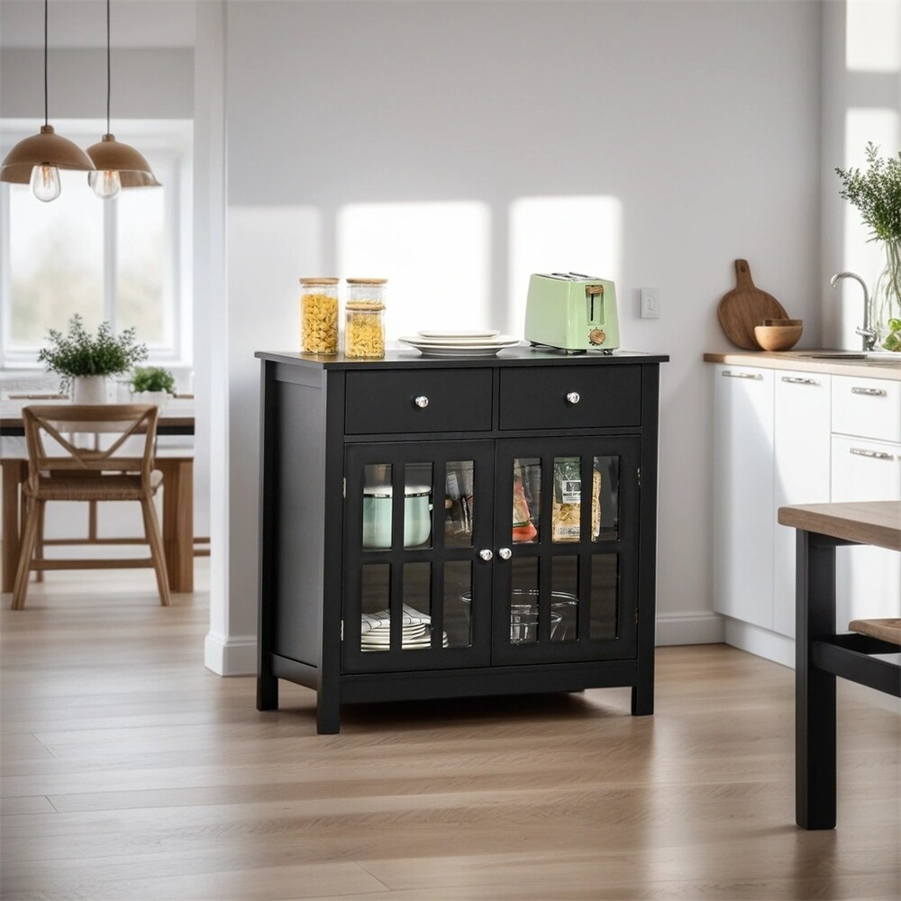 Sideboard Buffet Cabinet w/ Glass Doors  Adjustable Shelf   2 Drawers