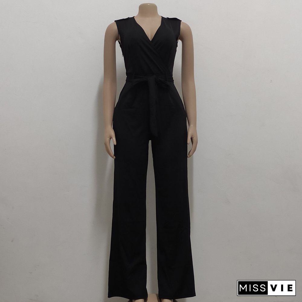 V Neck with Sashes Elegant Straight Leg Jumpsuits