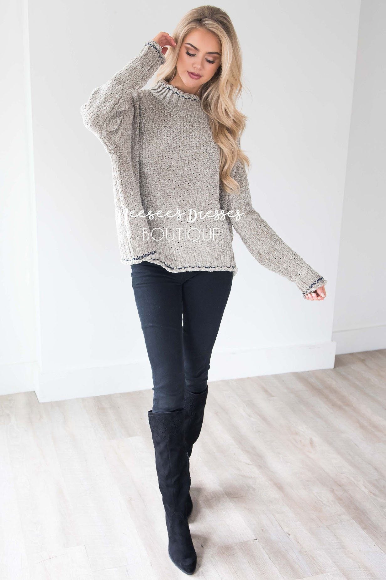 Soft Chenille Contrast Stitch Knit Sweater