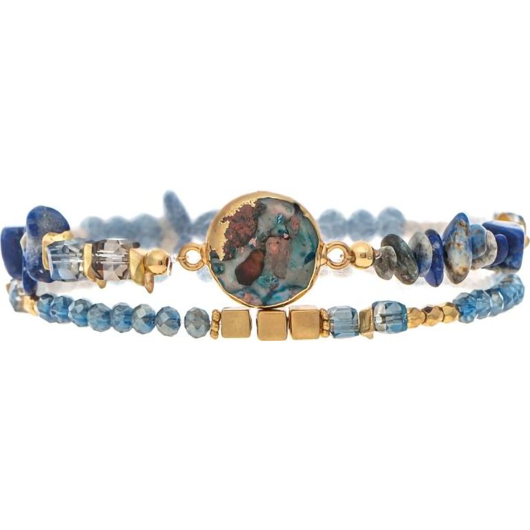 Rain  Gold Blue Glass Square Bead Bracelet Set