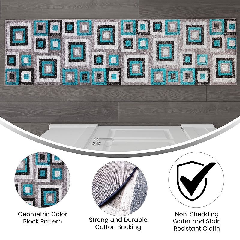 Masada Rugs Newton Collection Modern 2'x7' Accent Rug with Geometric Square Pattern in Turquoise， Gray and White