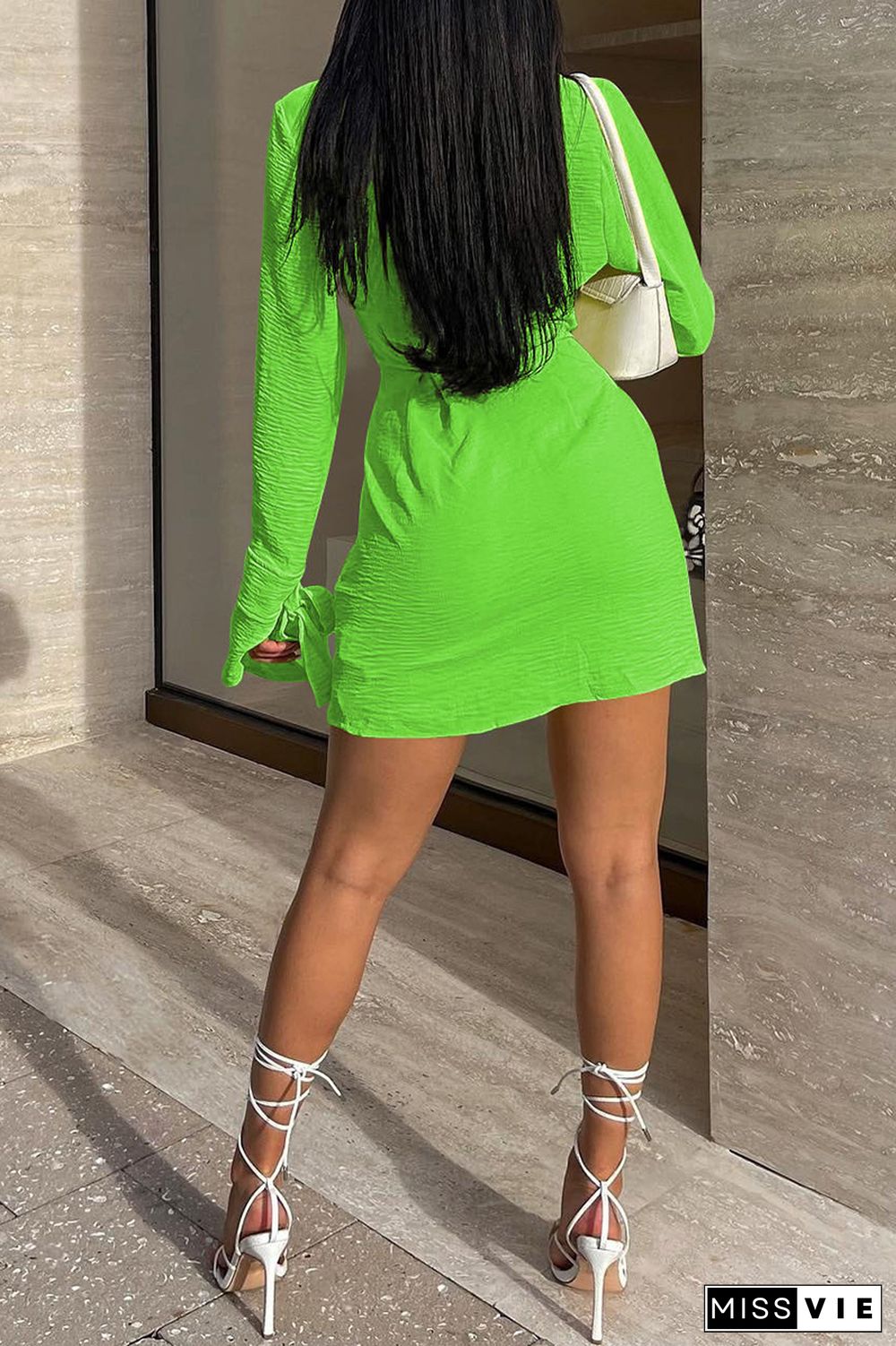 Fluorescent Green Casual Solid Patchwork V Neck Long Sleeve Dresses