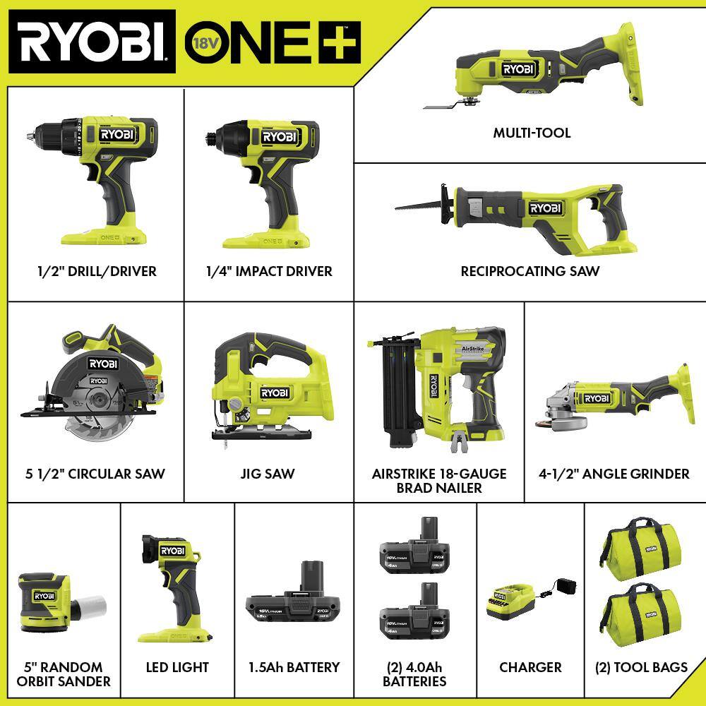 RYOBI ONE+ 18V Cordless 10-Tool Combo Kit with 1.5 Ah Battery (2) 4.0 Ah Batteries Charger and FREE 2.0 Ah Battery (2-Pack) PCL2001K3N-PBP2006