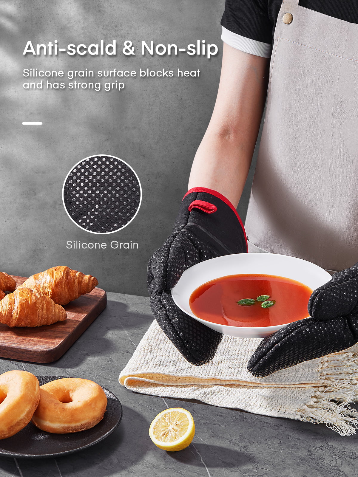 Oven Mitts， Heat Resistant Kitchen Oven Gloves 572°F， Non-Slip Silicone Surface， Extra Long Flexible Thick Mitts for Kitchen ， Cooking ， Baking ， BBQ ， Black