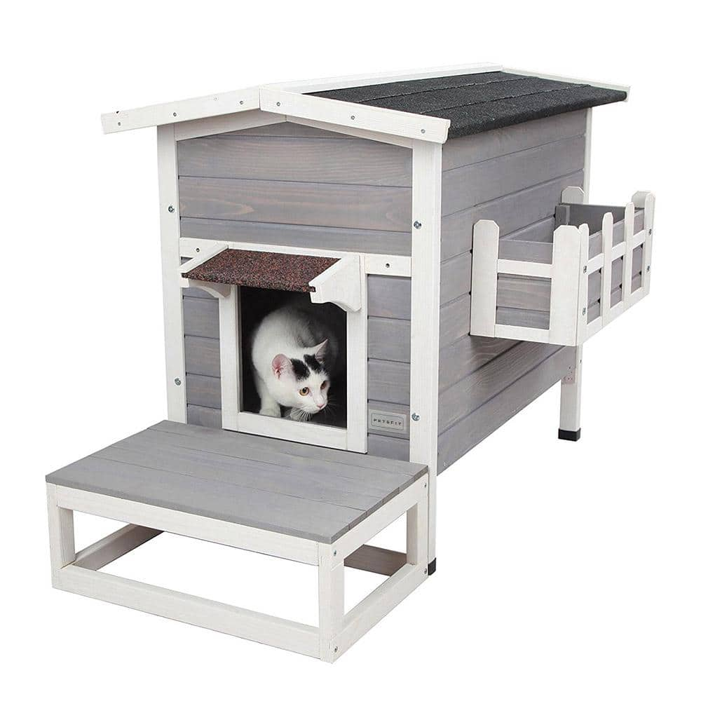 Grey Solid Wood Cat House Larger Design for 3 Adult Outdoor Cats Weatherproof CATTHHHHOUS-1