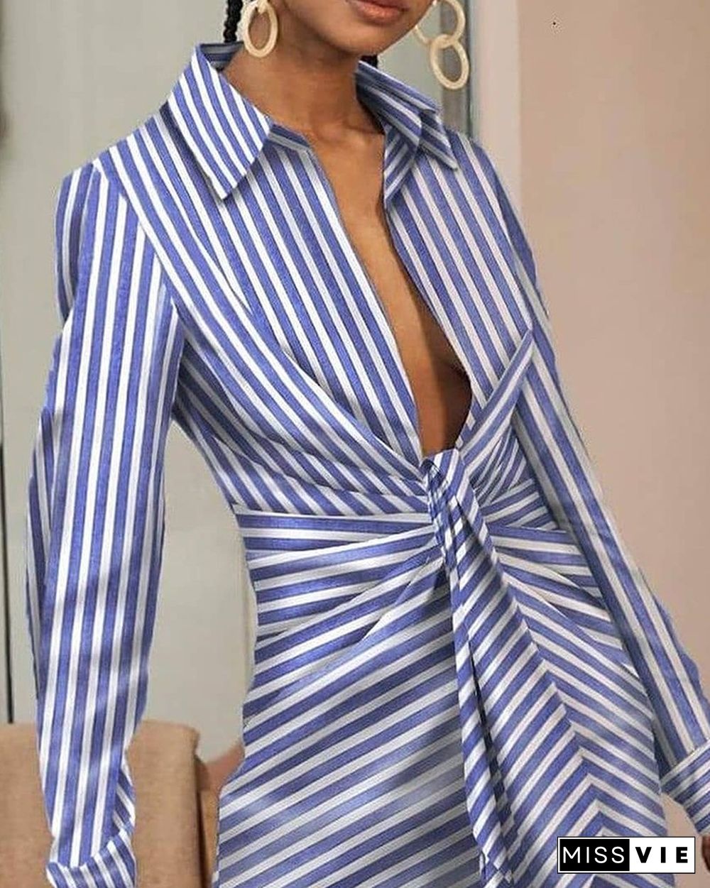 Striped Long Sleeves Asymmetrical Mini Shirt Dress