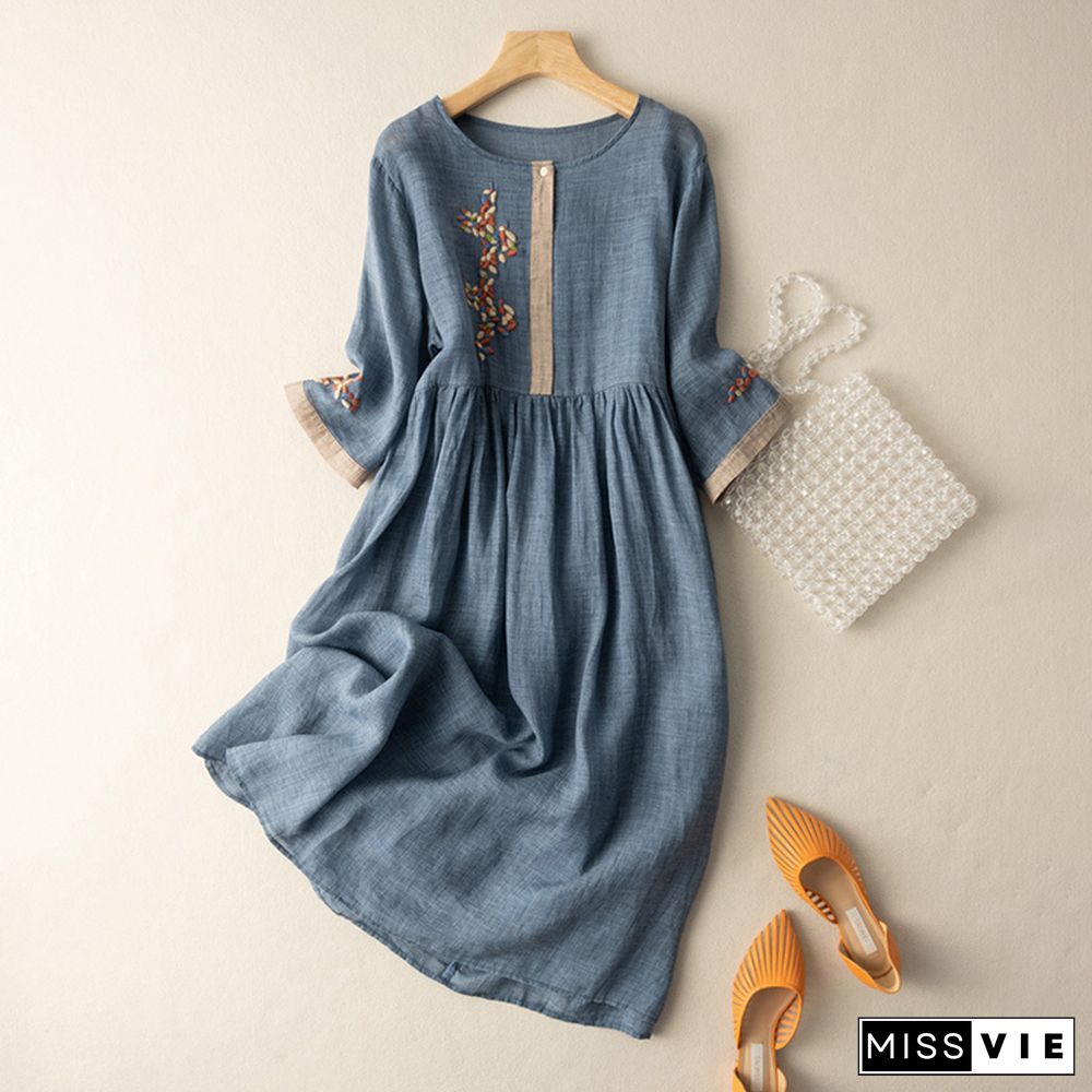 Ethnic Embroidery Loose Midi Dress