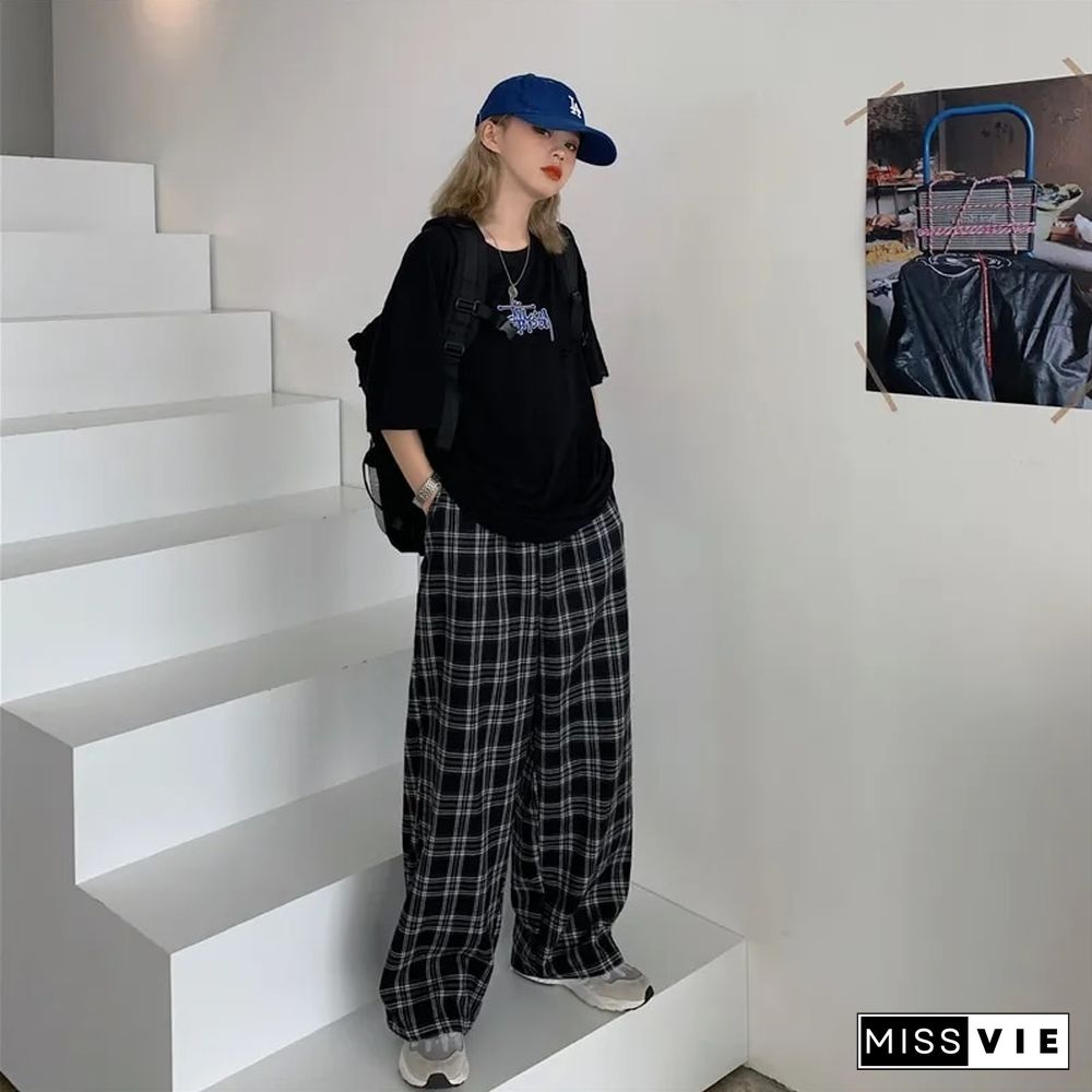 Black And Pink Plaid Pants Oversize Women Pants High Waist Loose Wide Leg Trousers Ins Retro Teens Straight Trousers Streetwear