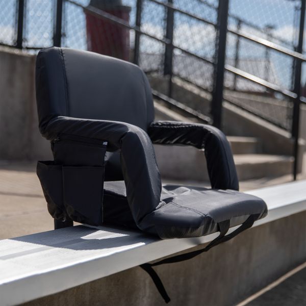 Malta Black Portable Lightweight Reclining Stadium Chair with Armrests， Padded Back and Seat with Dual Storage Pockets and Backpack Straps