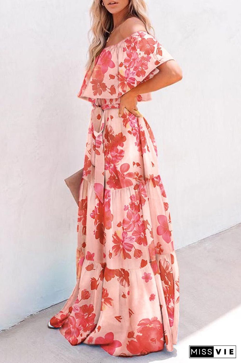 Plus Size Pink Print Off Shoulder Maxi Dress