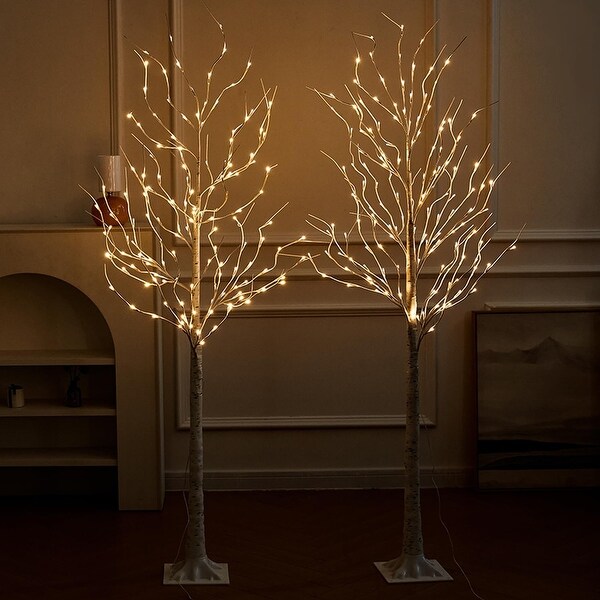 Lighted Birch Tree，2 Pack 6 Feet 144 Warm White Lights，Prelit White Artificial Christmas Trees for Decor