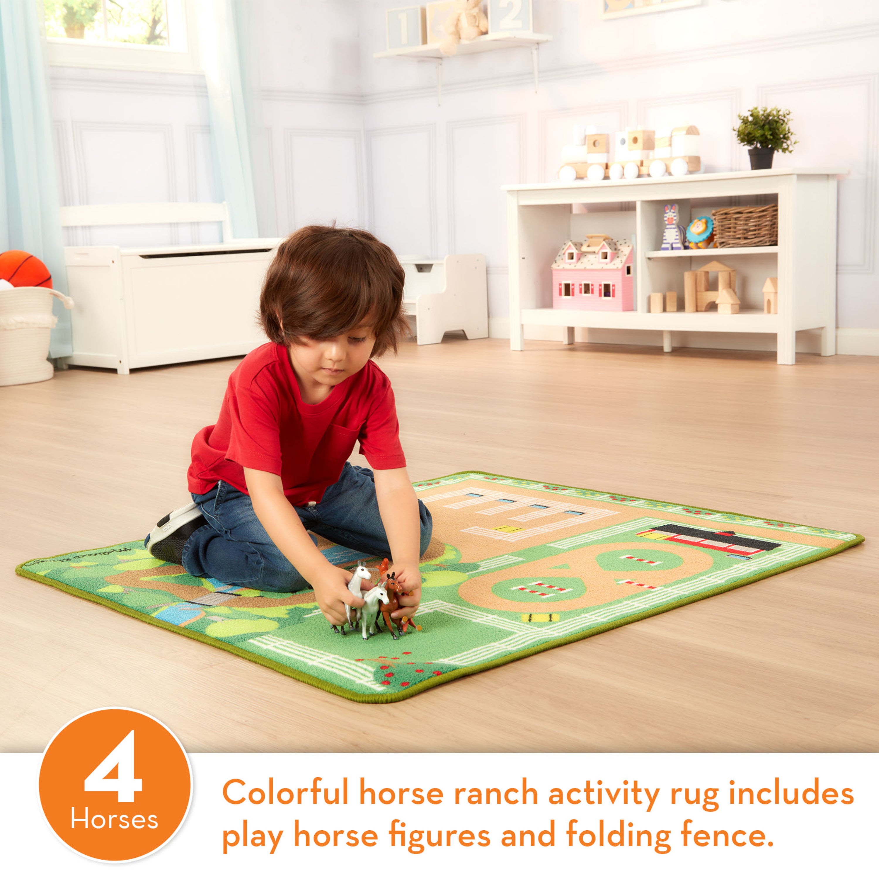 Melissa and Doug Round the Ranch Horse Activity Rug (39 x 36 inches) With 4 Play Horses and Folding Fence