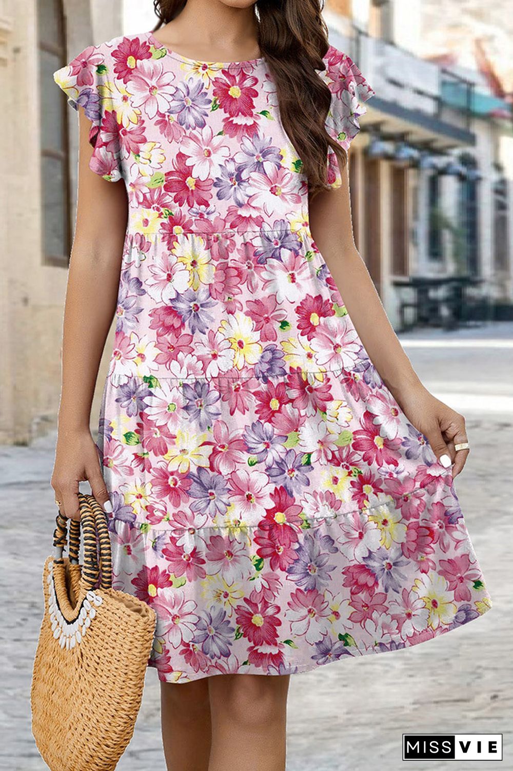 Ruffles Sleeves Tiered Floral Dress