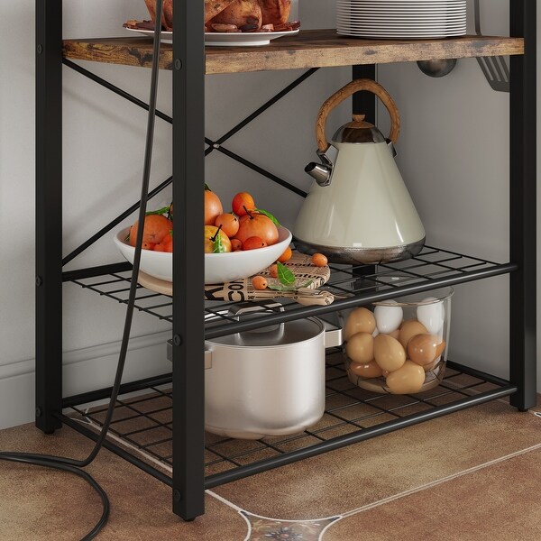 Bakers Rack with Power Outlet， Microwave Stand， Coffee Bar Table Station with Metal Wire Panel